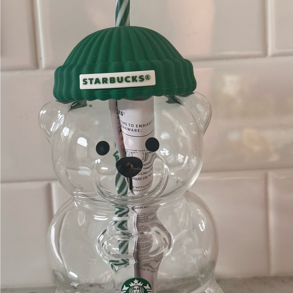 Starbucks Green-Lidded Bear Glass with Straw